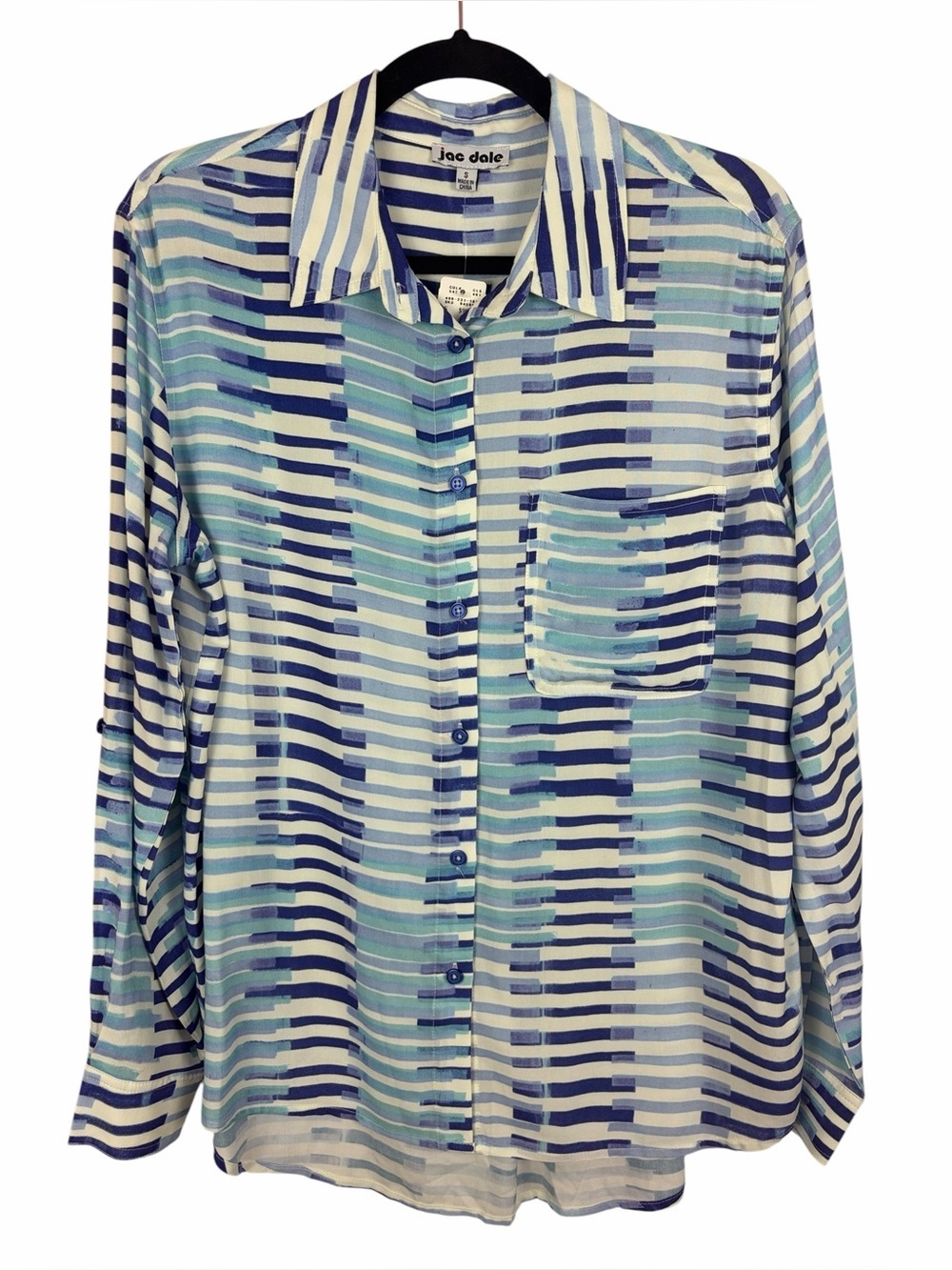 Jac Dale Women’s Abstract Stripe Button Front Blouse Small Blue Rayon NWT